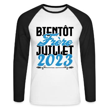 Annonce grossesse. bientôt Frère Juillet 2023. - T-shirt baseball manches longues Homme - blanc/noir - Devant - Nik (191cm)