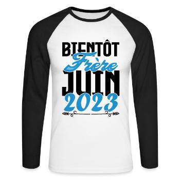 Cadeau Annonce grossesse. bientôt Frère Juin 2023. - T-shirt baseball manches longues Homme - blanc/noir - Devant - Nik (191cm)