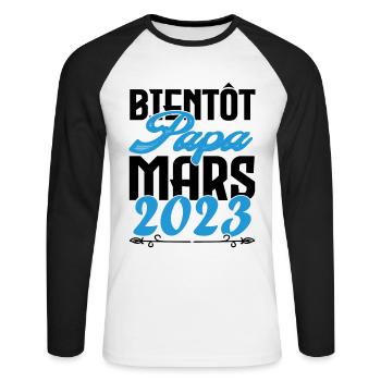 Cadeau Annonce grossesse. bientôt Papa Mars 2023. - T-shirt baseball manches longues Homme - blanc/noir - Devant - Nik (191cm)