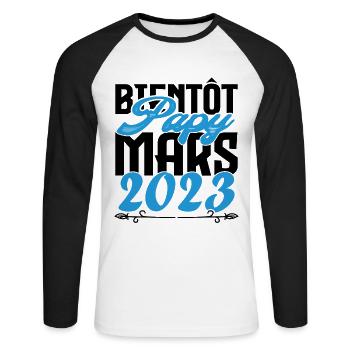 Cadeau Annonce grossesse. bientôt Papy Mars 2023. - T-shirt baseball manches longues Homme - blanc/noir - Devant - Nik (191cm)