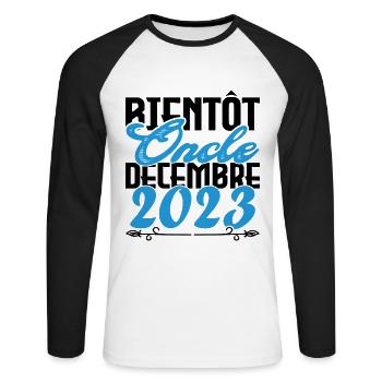 Annonce grossesse. bientôt Oncle Décembre 2023. - T-shirt baseball manches longues Homme - blanc/noir - Devant - Nik (191cm)