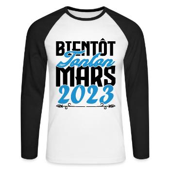 Cadeau Annonce grossesse bientôt Tonton Mars 2023 - T-shirt baseball manches longues Homme - blanc/noir - Devant - Nik (191cm)