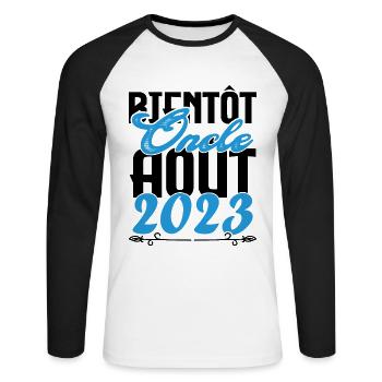 Cadeau Annonce grossesse. bientôt Oncle Aout 2023. - T-shirt baseball manches longues Homme - blanc/noir - Devant - Nik (191cm)