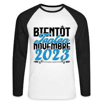 Annonce grossesse. bientôt Tonton Novembre 2023. - T-shirt baseball manches longues Homme - blanc/noir - Devant - Nik (191cm)