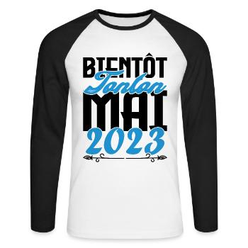 Cadeau Annonce grossesse bientôt Tonton Mai 2023 - T-shirt baseball manches longues Homme - blanc/noir - Devant - Nik (191cm)