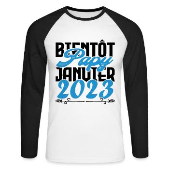 Cadeau Annonce grossesse bientôt Papy Janvier 2023 - T-shirt baseball manches longues Homme - blanc/noir - Devant - Nik (191cm)