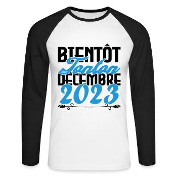 Annonce grossesse. bientôt Tonton Décembre 2023. - T-shirt baseball manches longues Homme - blanc/noir - Devant - Nik (191cm)