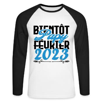 Cadeau Annonce grossesse bientôt Papy Février 2023 - T-shirt baseball manches longues Homme - blanc/noir - Devant - Nik (191cm)