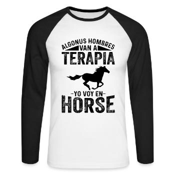 Algonus Men’s Therapy Je fais de l’équitation - T-shirt baseball manches longues Homme - blanc/noir - Devant - Nik (191cm)