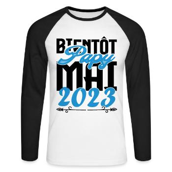 Cadeau Annonce grossesse bientôt Papy Mai 2023. - T-shirt baseball manches longues Homme - blanc/noir - Devant - Nik (191cm)
