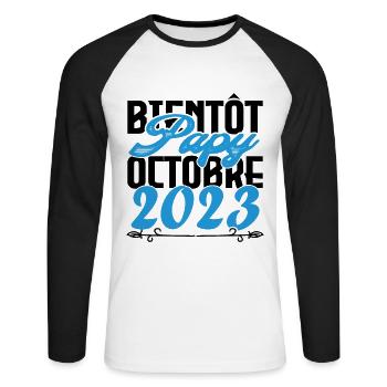 Cadeau Annonce grossesse bientôt Papy Octobre 2023 - T-shirt baseball manches longues Homme - blanc/noir - Devant - Nik (191cm)