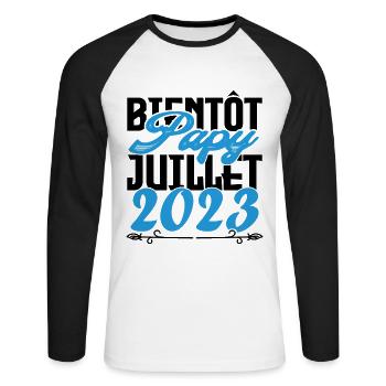 Cadeau Annonce grossesse bientôt Papy Juillet 2023 - T-shirt baseball manches longues Homme - blanc/noir - Devant - Nik (191cm)