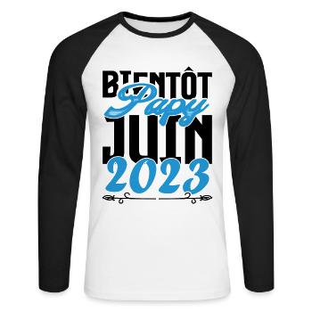 Cadeau Annonce grossesse bientôt Papy Juin 2023. - T-shirt baseball manches longues Homme - blanc/noir - Devant - Nik (191cm)