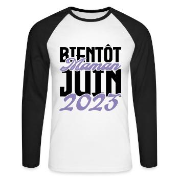 Annonce grossesse. bientôt Maman Juin 2023.maman - T-shirt baseball manches longues Homme - blanc/noir - Devant - Nik (191cm)