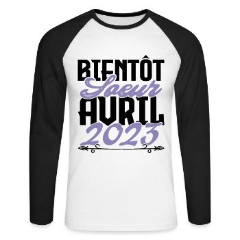 Annonce grossesse. bientôt Sœur Avril 2023.soeur - T-shirt baseball manches longues Homme - blanc/noir - Devant - Nik (191cm)