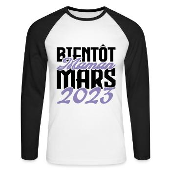Annonce grossesse. bientôt Maman Mars 2023.maman - T-shirt baseball manches longues Homme - blanc/noir - Devant - Nik (191cm)