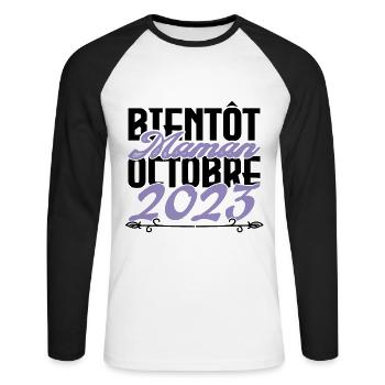 Annonce grossesse. bientôt Maman Octobre 2023.mama - T-shirt baseball manches longues Homme - blanc/noir - Devant - Nik (191cm)