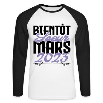 Annonce grossesse. bientôt Sœur Mars 2023.soeur - T-shirt baseball manches longues Homme - blanc/noir - Devant - Nik (191cm)