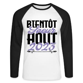 Annonce grossesse. bientôt Sœur Aout 2023.soeur - T-shirt baseball manches longues Homme - blanc/noir - Devant - Nik (191cm)
