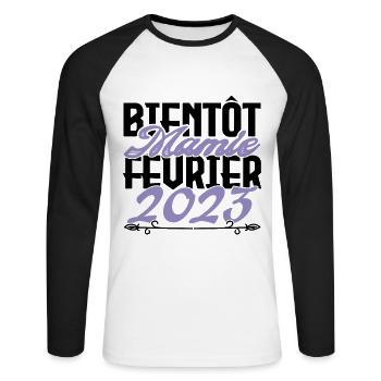 Annonce grossesse. bientôt Mamie Février 2023. - T-shirt baseball manches longues Homme - blanc/noir - Devant - Nik (191cm)