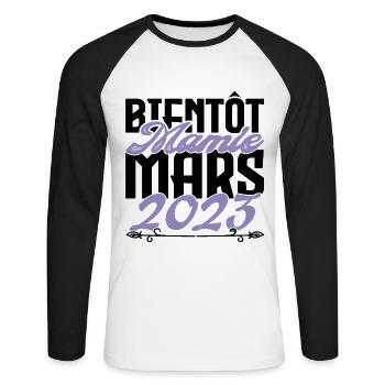 Annonce grossesse. bientôt Mamie Mars 2023. - T-shirt baseball manches longues Homme - blanc/noir - Devant - Nik (191cm)