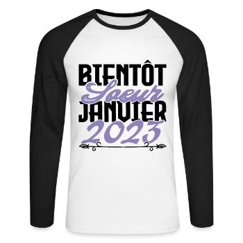 Annonce grossesse. bientôt Sœur Janvier 2023.soeur - T-shirt baseball manches longues Homme - blanc/noir - Devant - Nik (191cm)