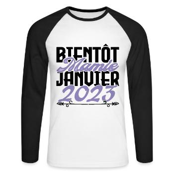 Annonce grossesse. bientôt Mamie Janvier 2023. - T-shirt baseball manches longues Homme - blanc/noir - Devant - Nik (191cm)