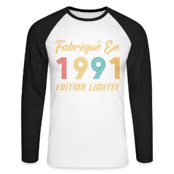 Fabriqué en 1991 Vintage Cadeau D'anniversaire - T-shirt baseball manches longues Homme - blanc/noir - Devant - Nik (191cm)