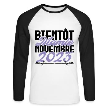 Annonce grossesse. bientôt Mamie Novembre 2023. - T-shirt baseball manches longues Homme - blanc/noir - Devant - Nik (191cm)