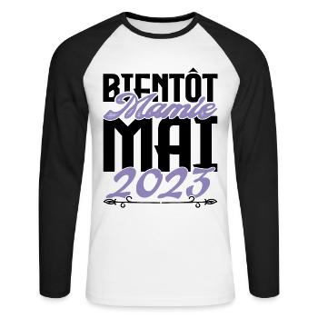 Annonce grossesse. bientôt Mamie Mai 2023. - T-shirt baseball manches longues Homme - blanc/noir - Devant - Nik (191cm)