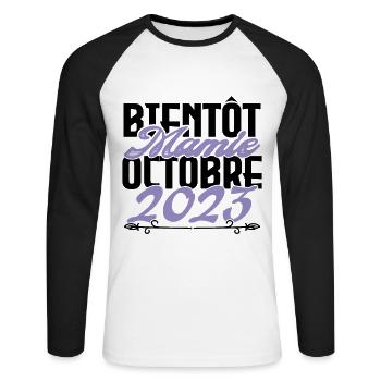 Annonce grossesse. bientôt Mamie Octobre 2023. - T-shirt baseball manches longues Homme - blanc/noir - Devant - Nik (191cm)