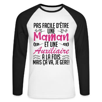 pas facile d'être une maman et une Auxiliaire. - T-shirt baseball manches longues Homme - blanc/noir - Devant - Nik (191cm)