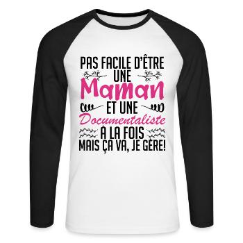 pas facile d'être une maman et une Documentaliste - T-shirt baseball manches longues Homme - blanc/noir - Devant - Nik (191cm)