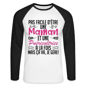 pas facile d'être une maman et une Puéricultrice. - T-shirt baseball manches longues Homme - blanc/noir - Devant - Nik (191cm)