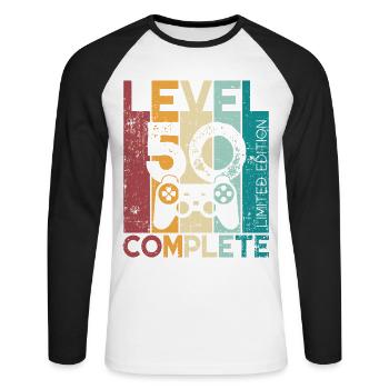50 Birthday Level 50 Complete 50 Years Gift - Unisex Long Sleeve Baseball T-Shirt - white/black - Front - Nik (191cm)