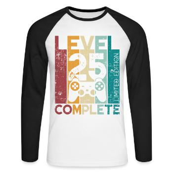 25 Birthday Level 25 Complete 25 Years Gift - Unisex Long Sleeve Baseball T-Shirt - white/black - Front - Nik (191cm)