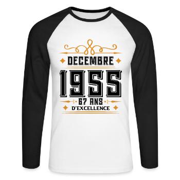 né en DÉCEMBRE 1955, 67 ans, cadeau d'anniversaire - T-shirt baseball manches longues Homme - blanc/noir - Devant - Nik (191cm)