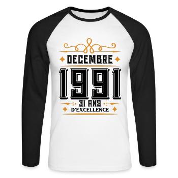 né en DÉCEMBRE 1991, 31 ans, cadeau d'anniversaire - T-shirt baseball manches longues Homme - blanc/noir - Devant - Nik (191cm)