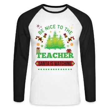 Soyez gentil avec l’enseignant que le Père Noël regarde - T-shirt baseball manches longues Homme - blanc/noir - Devant - Nik (191cm)