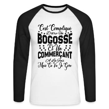 c'est compliqué d'être un Bogosse et un Commerçant - T-shirt baseball manches longues Homme - blanc/noir - Devant - Nik (191cm)