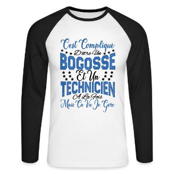 c'est compliqué d'être un Bogosse et un Technicien - T-shirt baseball manches longues Homme - blanc/noir - Devant - Nik (191cm)