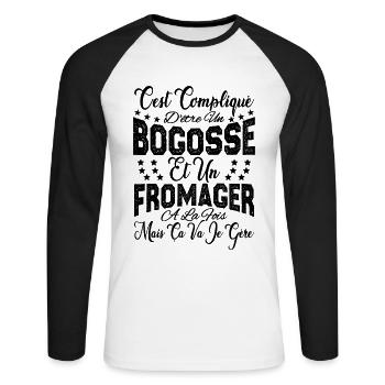 c'est compliqué d'être un Bogosse et un Fromager. - T-shirt baseball manches longues Homme - blanc/noir - Devant - Nik (191cm)