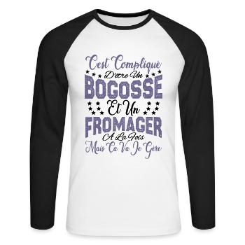c'est compliqué d'être un Bogosse et un Fromager. - T-shirt baseball manches longues Homme - blanc/noir - Devant - Nik (191cm)