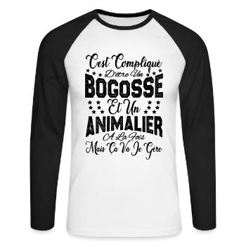 c'est compliqué d'être un Bogosse et un Animalier. - T-shirt baseball manches longues Homme - blanc/noir - Devant - Nik (191cm)