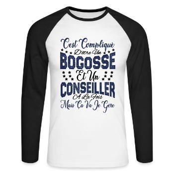 c'est compliqué d'être un Bogosse et un Conseiller - T-shirt baseball manches longues Homme - blanc/noir - Devant - Nik (191cm)