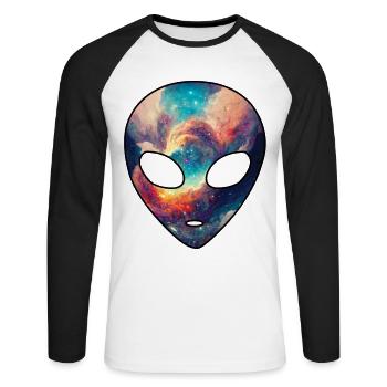 Cosmic Alien Head Nebula Galaxy Outer Space - Unisex Long Sleeve Baseball T-Shirt - white/black - Front - Nik (191cm)