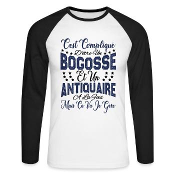 c'est compliqué d'être un Bogosse et un Antiquaire - T-shirt baseball manches longues Homme - blanc/noir - Devant - Nik (191cm)