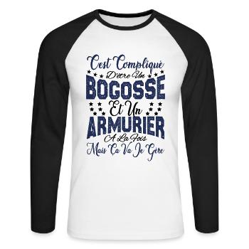 c'est compliqué d'être un Bogosse et un Armurier. - T-shirt baseball manches longues Homme - blanc/noir - Devant - Nik (191cm)