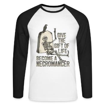 Untoter Nekromant Skelett Satanist Goth - Unisex Baseballshirt langarm - Weiß/Schwarz - Vorne - Nik (191cm)