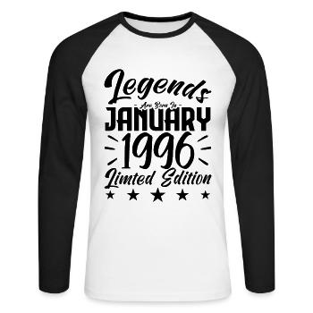 Geboren im Januar 1996. Geburtstagsgeschenk. - Unisex Baseballshirt langarm - Weiß/Schwarz - Vorne - Nik (191cm)